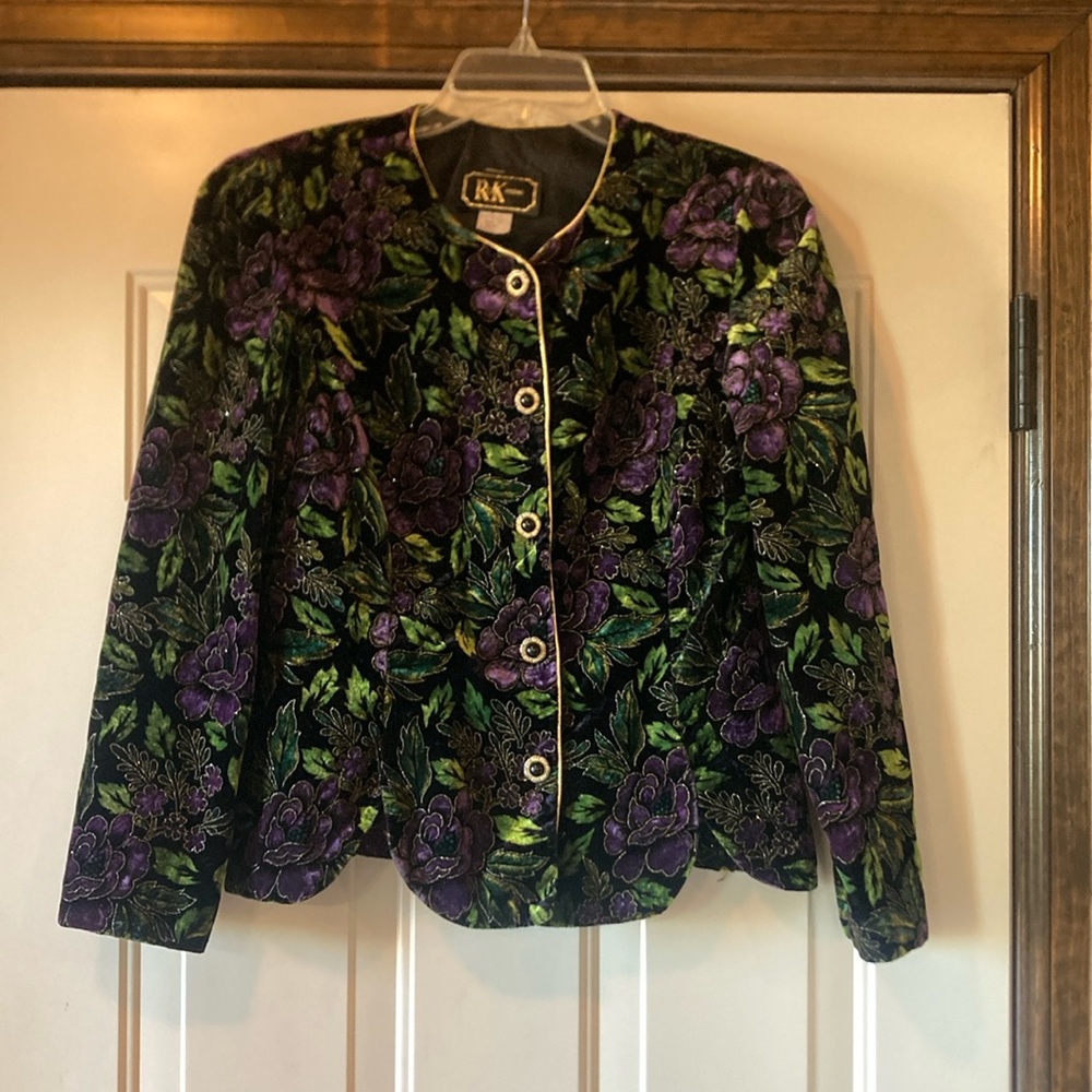 Size 10/12 R&K Evening Black and Purple Floral Jacket with Gold Shimmer Details - Picture 1 of 13